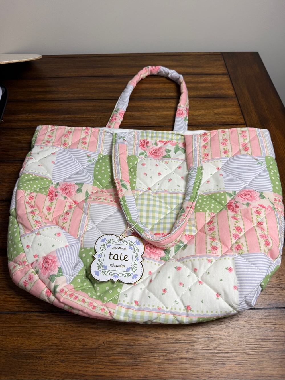 Quilted Floral Patchwork Tote Bag - Pink & Green